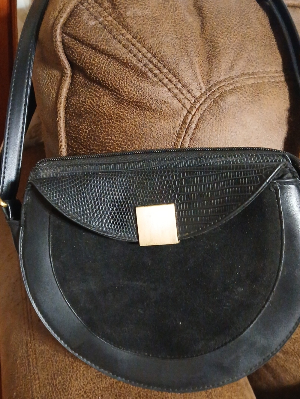 Black Semi-Circle Crossbody Bag with Gold Accent
